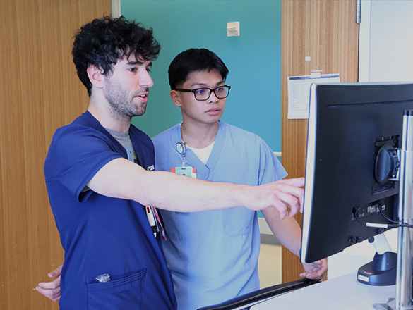 Nurse and student extern nurse talking looking at computer