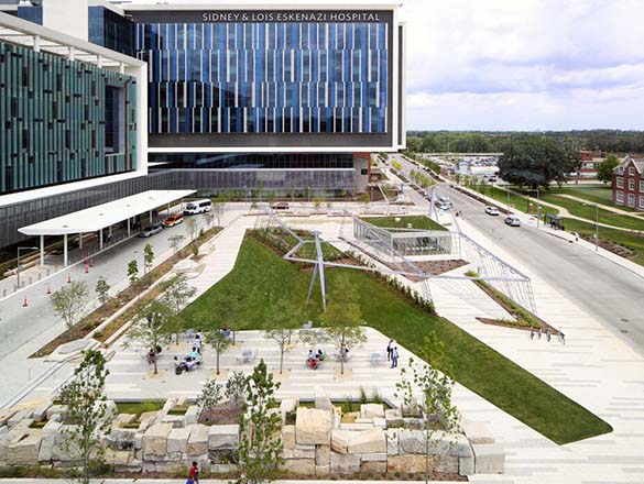Outdoor green space in front of the hospital from a bird's-eye view